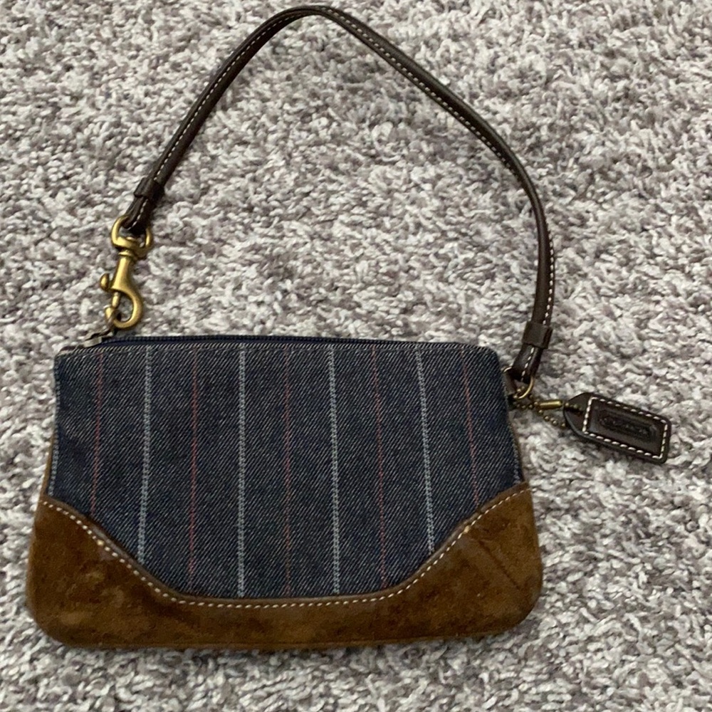 Coach wristlet blue denim with brown leather